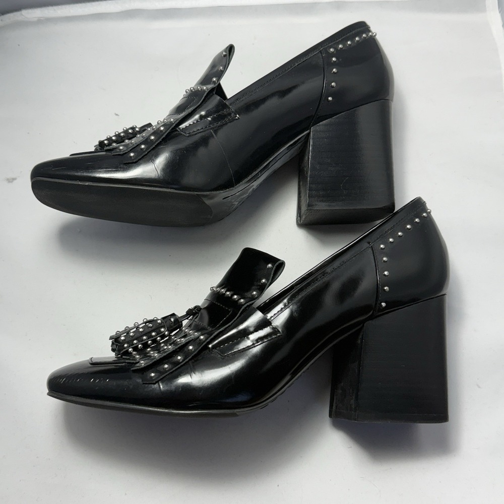 MARC FISHER LTD Patent Leather Fringe Block Heels Studded Loafers Shoes SZ 8.5 - Picture 2 of 7